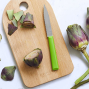 Opinel | N°313 Les Essentiels + Serrated Paring Knife Green on cutting board