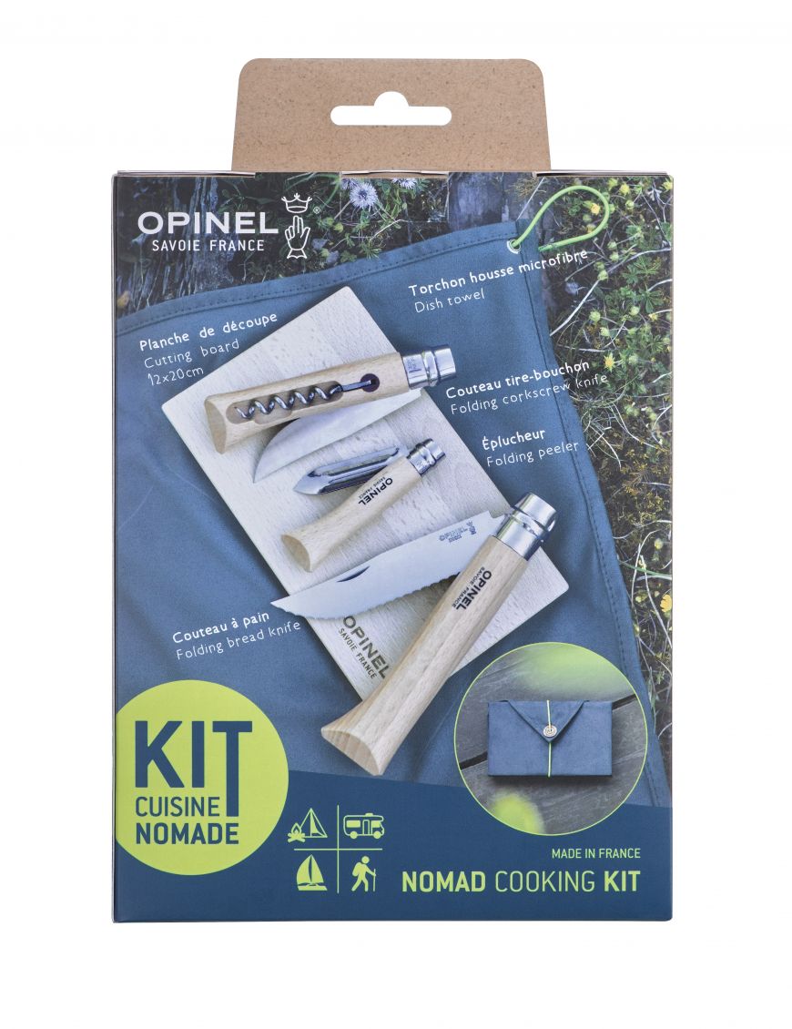 Opinel | Nomad Cooking Knife Kit (No.10 Corkscrew, No.12 Serrated, No.06 Peeler, Cutting Board, Towel)