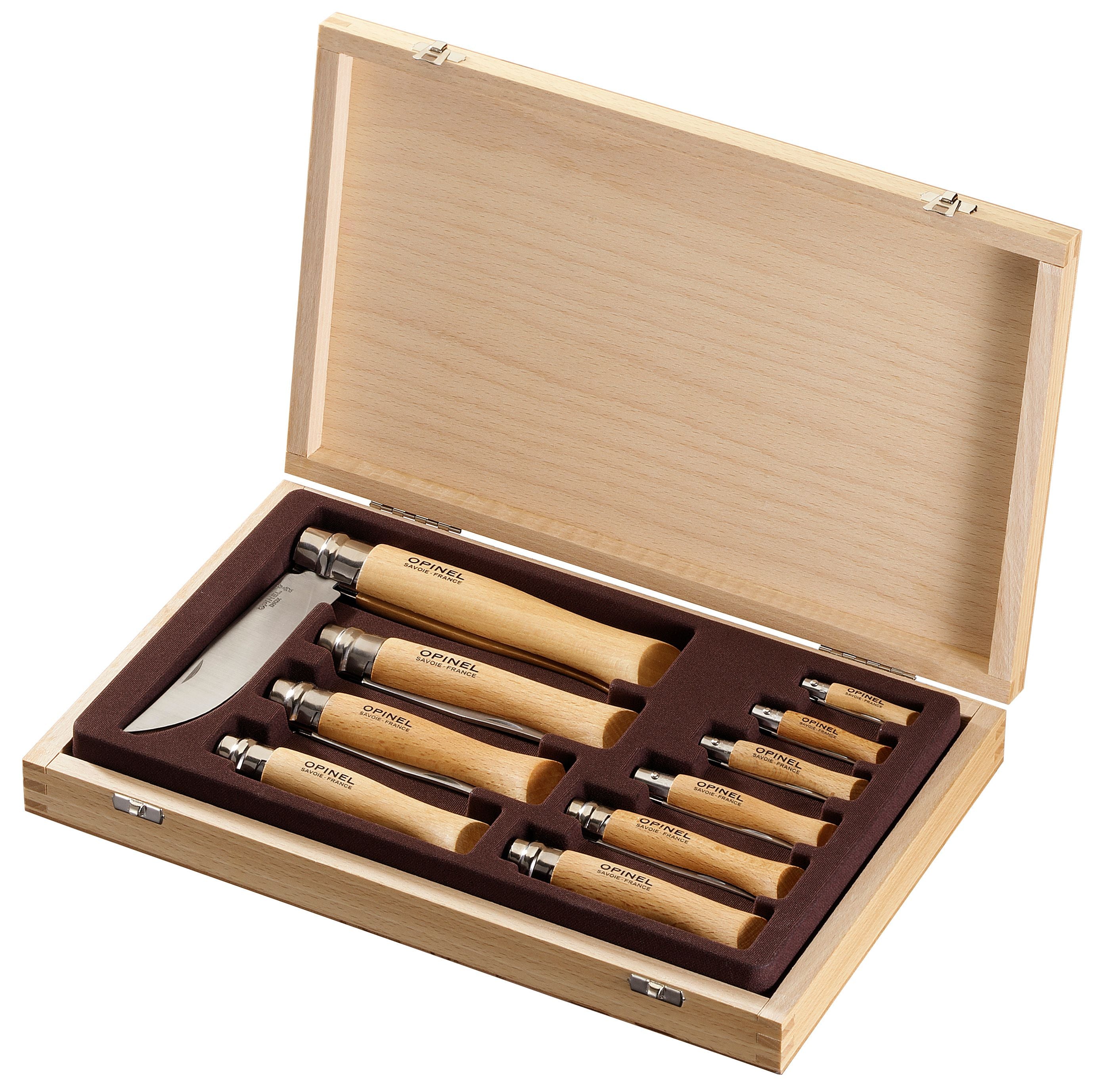 Opinel | Traditional Classic Gift Wooden Box Set of 10 Stainless Steel Knives (#02 to #12) Beechwood
