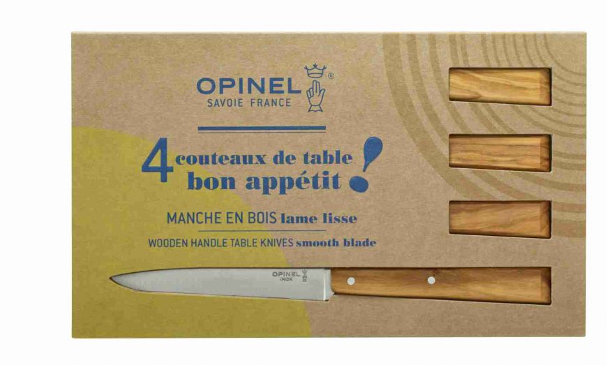 Opinel | Bon Appetit South Box of 4 Table Knife #125 S/S - 11cm (Olive Wood)