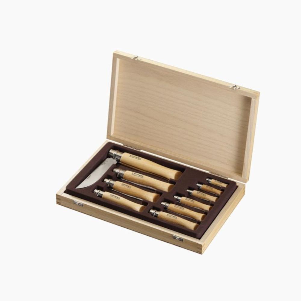 Opinel | Traditional Classic Gift Wooden Box Set of 10 Carbon Steel Knives