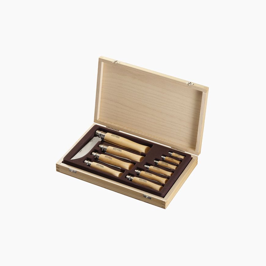 Opinel | Traditional Classic Gift Wooden Box Set of 10 Carbon Steel Knives (#02 to #12) Beechwood